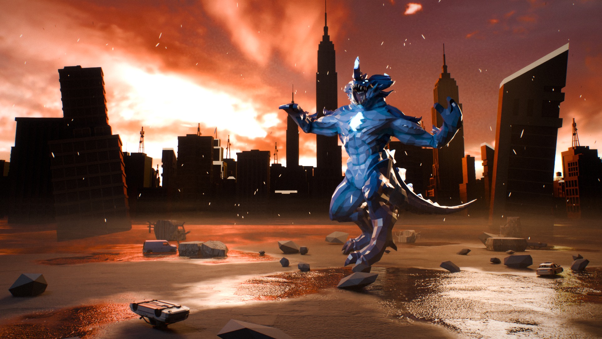 A Titan roaring over a burning city at dusk