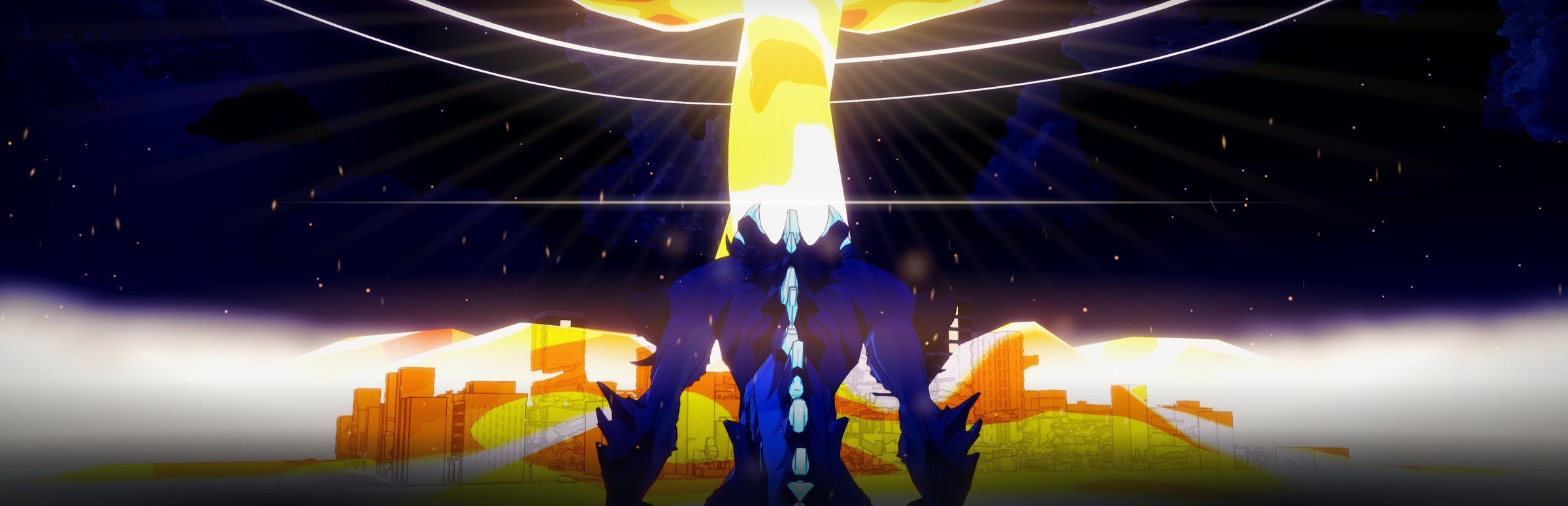 A Titan in front of a nuclear blast over a city